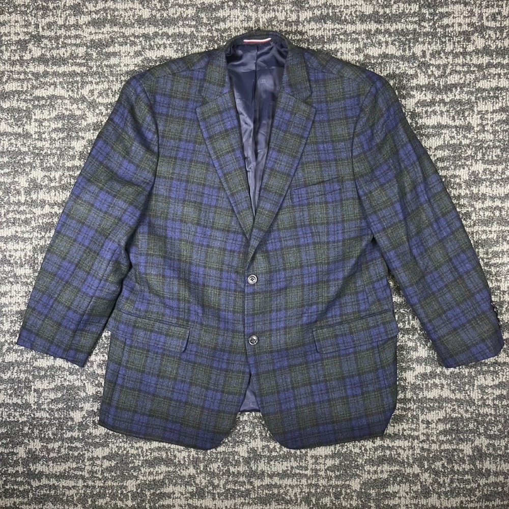 Tommy Hilfiger Sport Coat Mens 46R Blue Green Plaid 100% Wool 2-Button Blazer